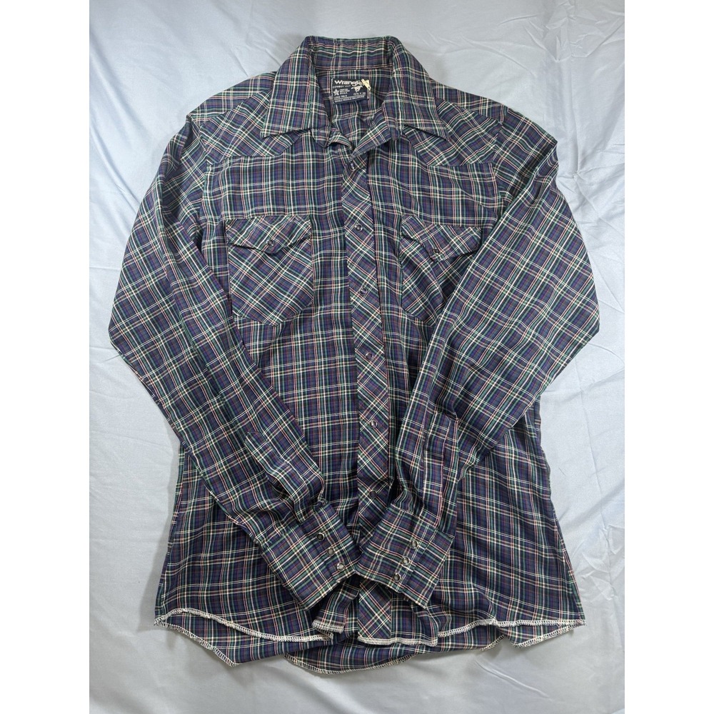 Vintage Wrangler Men's Blue Plaid Long Sleeve Pearl Snap Shirt Size 15.5 36 Med